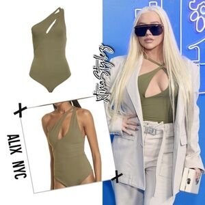 NEW ALIX NYC Page One Shoulder Asymmetrical Cutout Bodysuit in Military Sz. XL